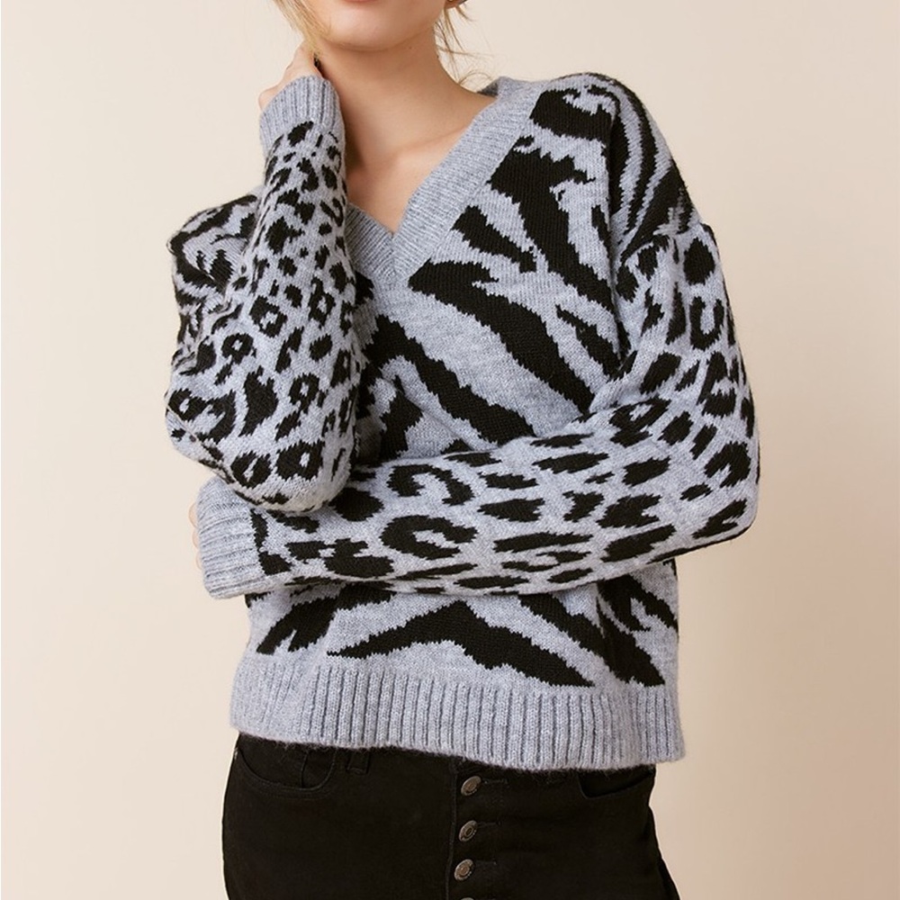 🔥 New Francesca’s animal print V-neck pullover sweater.